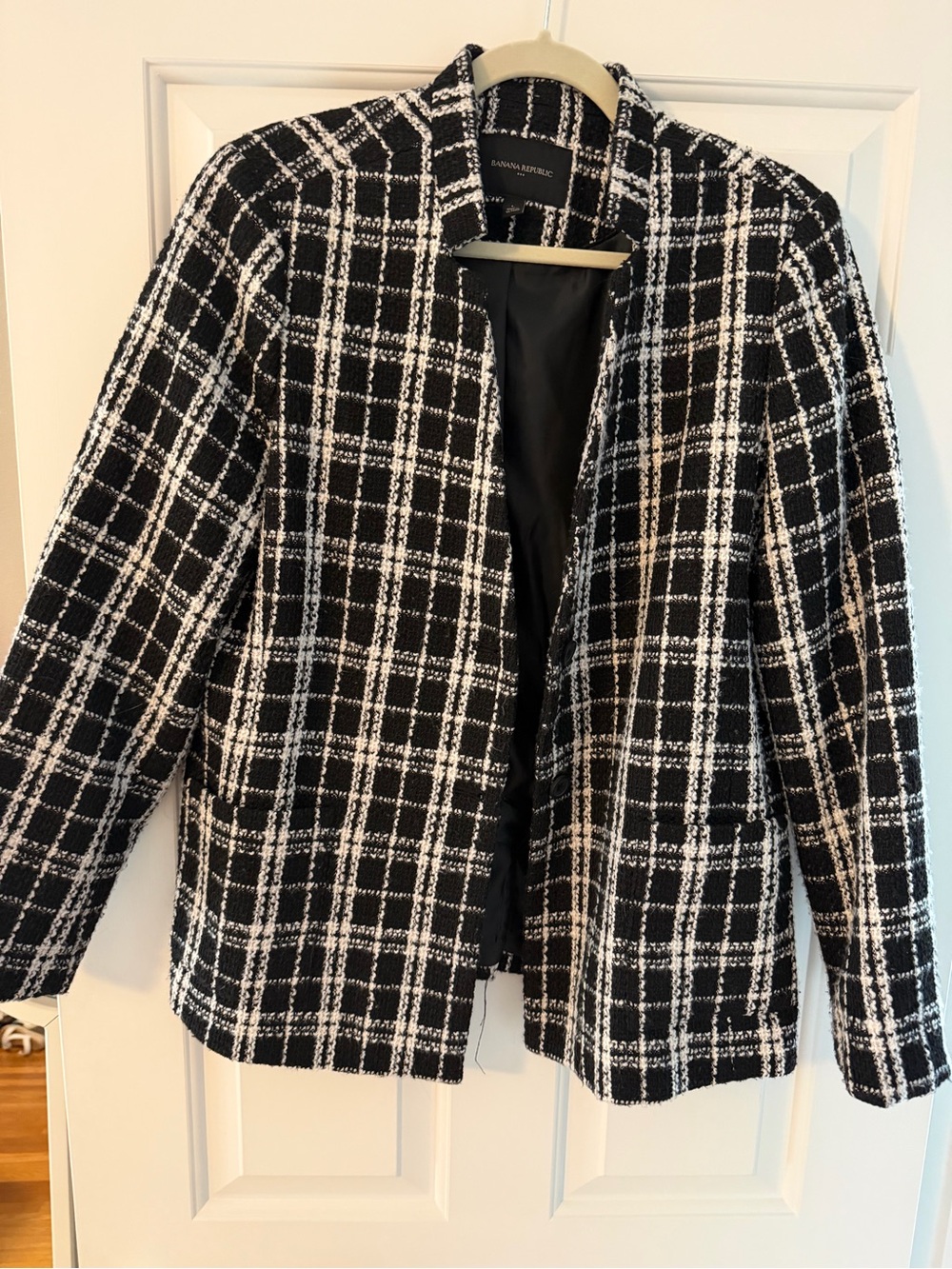 Banana Republic Black & White Windowpane Tweed Open Blazer